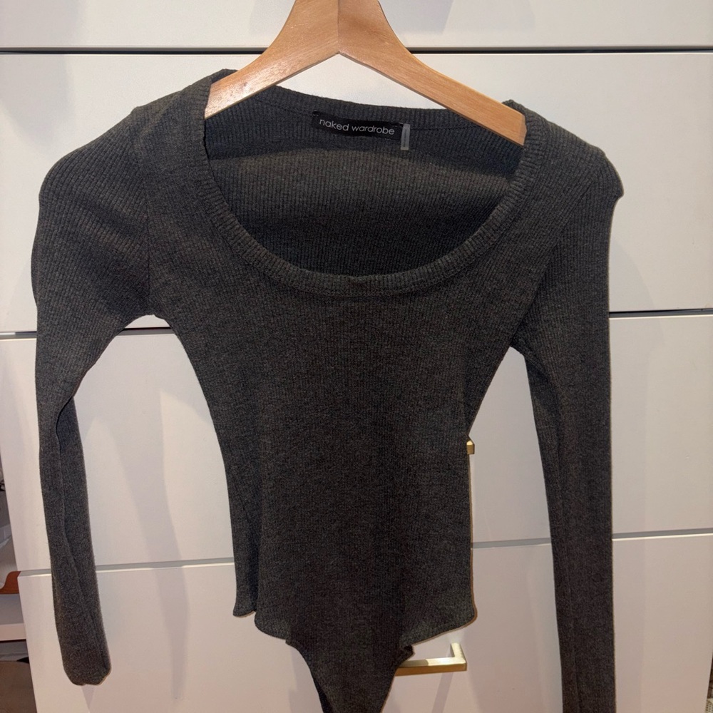 Naked Wardrobe Charcoal Ribbed Bodysuit